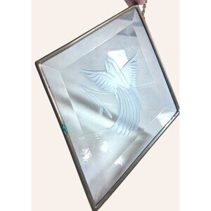 Diamond-Shaped Etched Lead Glass Hummingbird Suncatcher With Brass Frame & Hangi